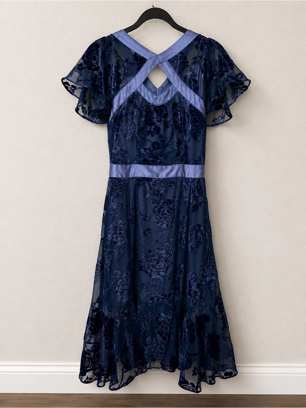 Wear Mena NWT Blue Velvet Burnout Floral Chiffon Midi Dress Size 4 - Picture 2 of 11